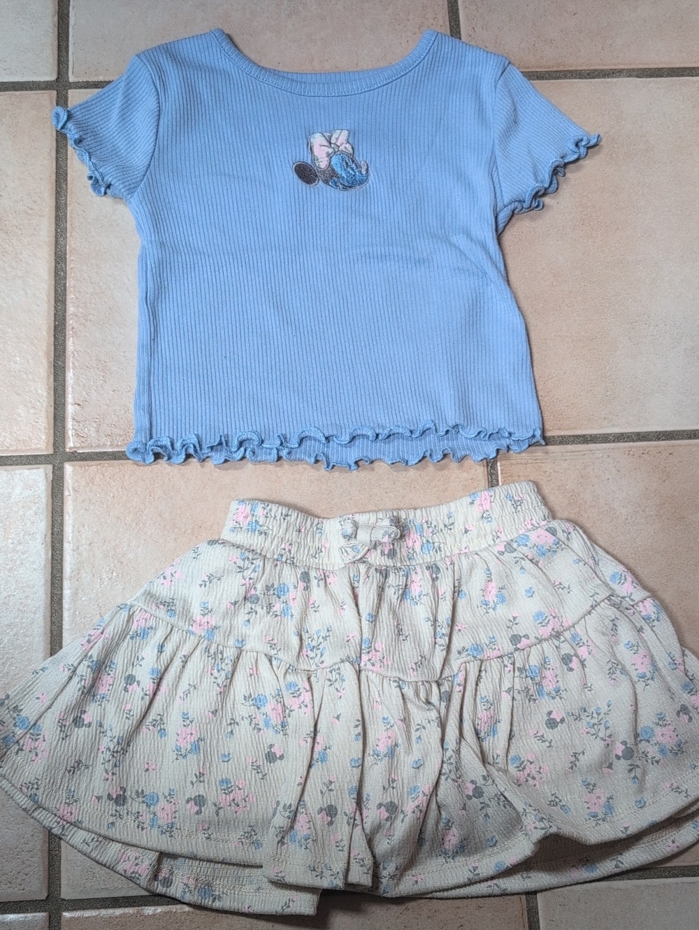 Carter's Disney Blue Ribbed Short Sleeve Top and Cream Floral Skort Set